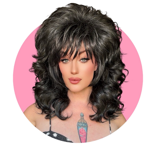 Styled black Dolly drag queen wig 80s Joan Jett mullet hard front